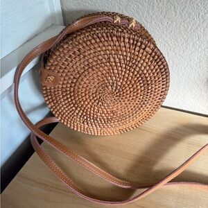 Round Woven Tan Crossbody Bag
